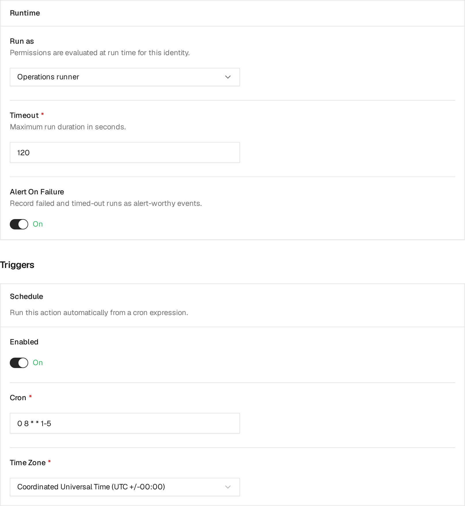 Automation runtime and schedule with an Operations runner identity, a 120 second timeout, failure alerts, and a weekday UTC schedule