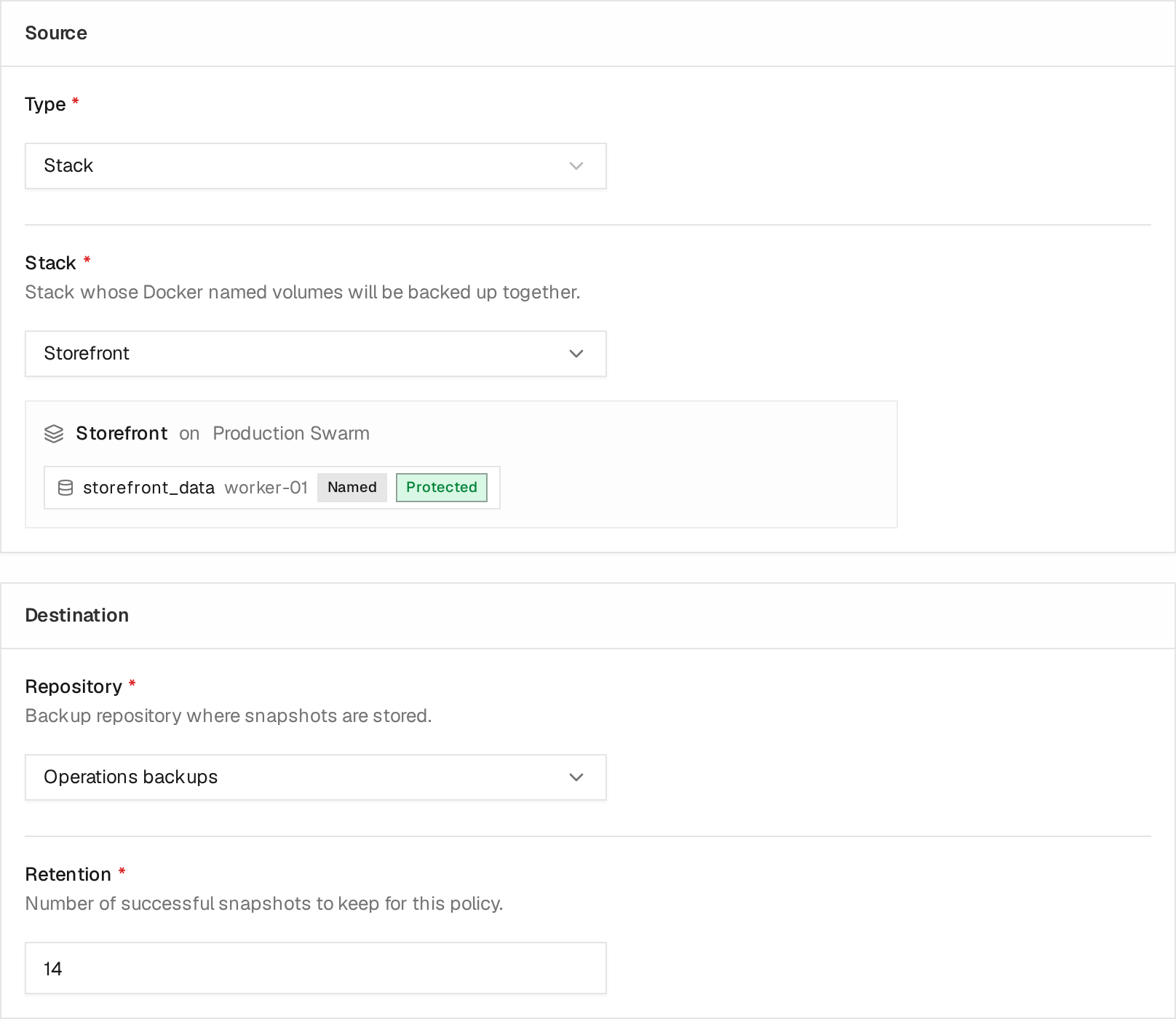 Backup policy selecting a Stack, previewing its named volume, and choosing a repository with retention of fourteen successful snapshots