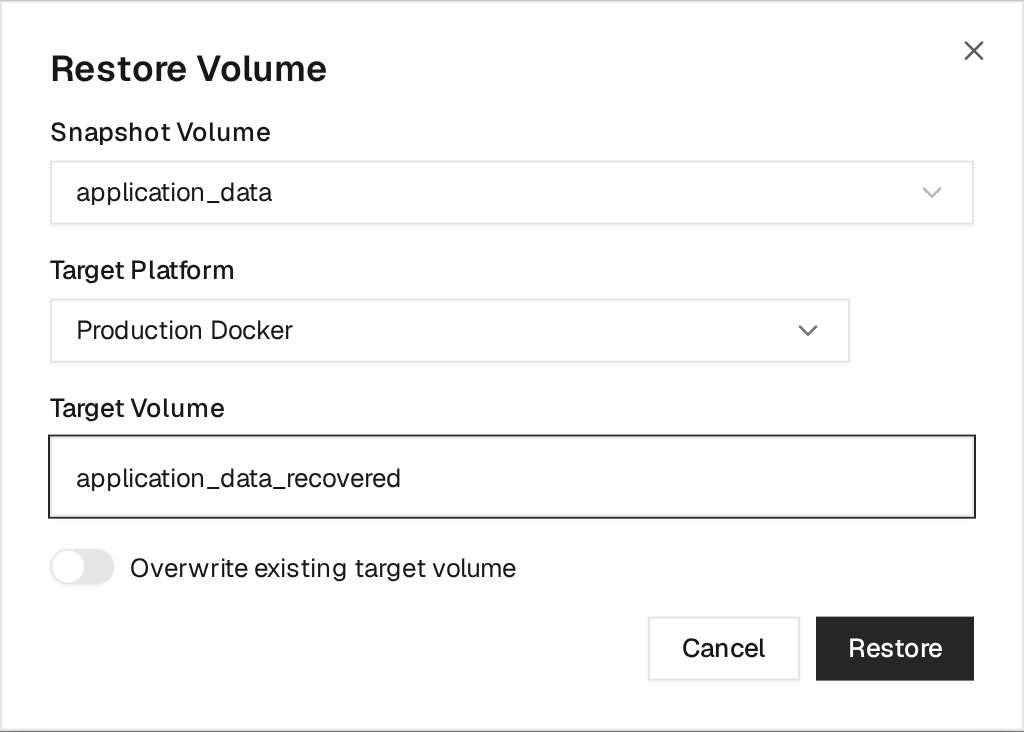 Restore Volume dialog selecting an application data snapshot, the target Docker Platform, and a new recovery volume with overwrite disabled