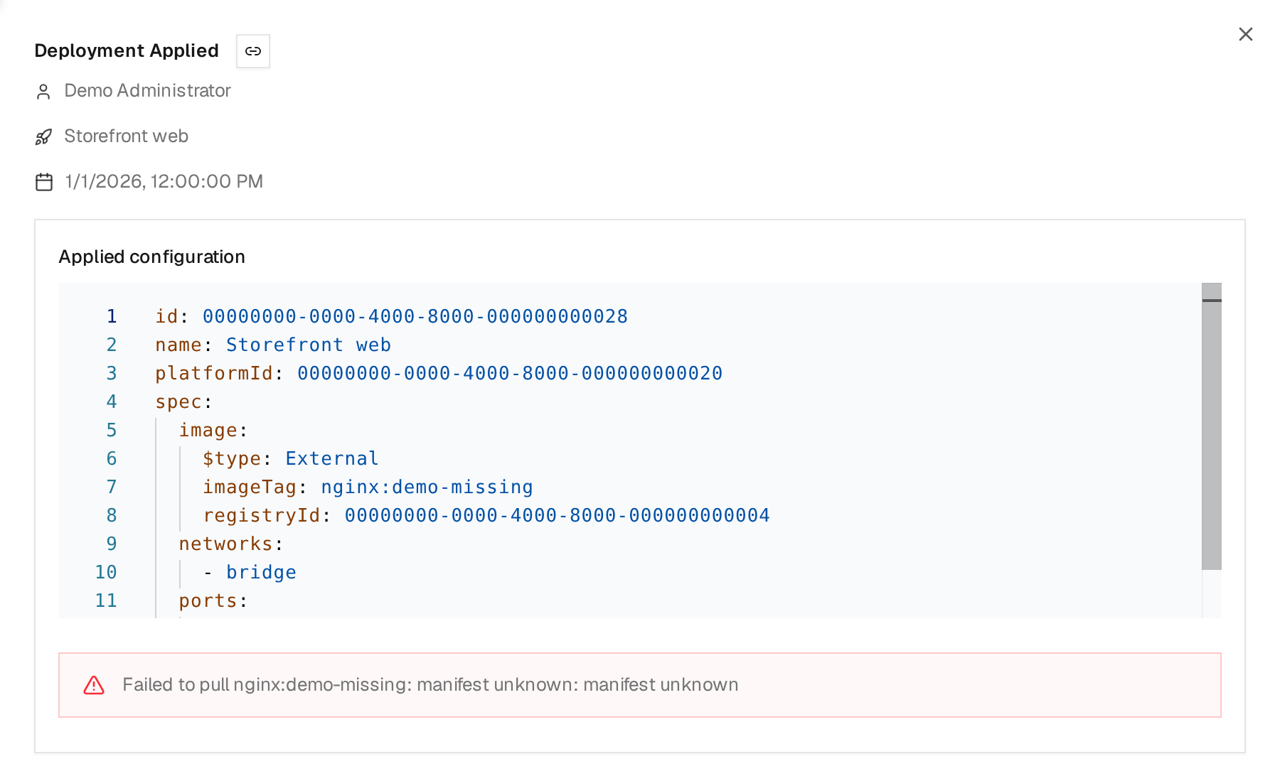 Deployment Applied activity details showing the configured image and a manifest unknown failure for a missing image tag