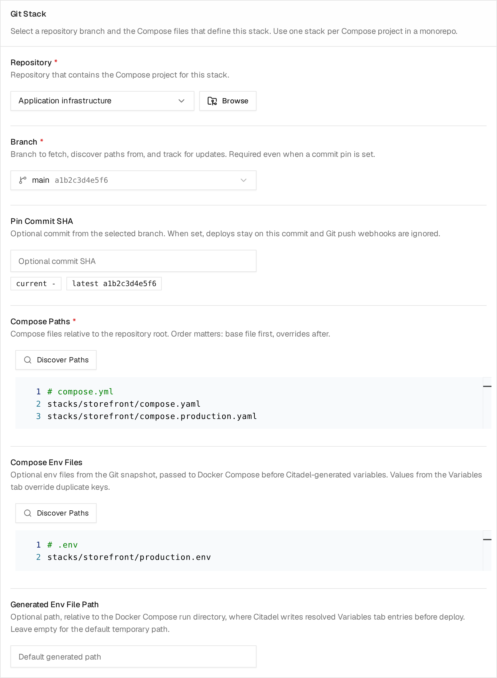 Git Stack configuration showing repository, branch, ordered Compose paths, and an environment file