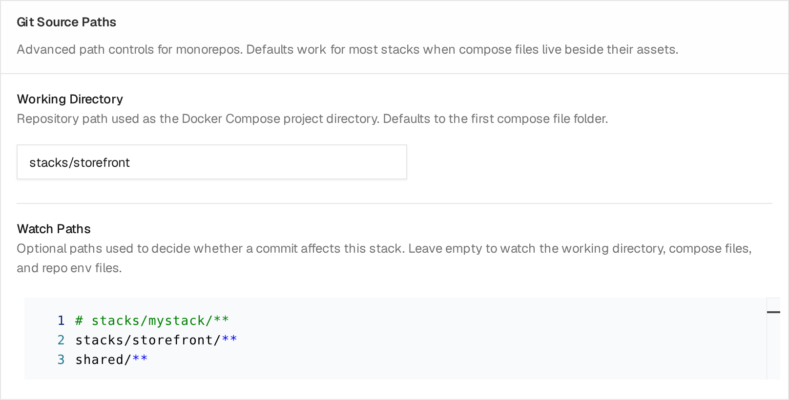 Git Source Paths with the Storefront working directory and watch paths for the application and shared files