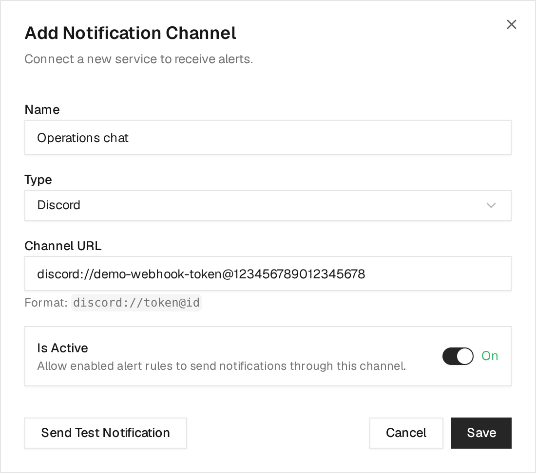 Citadel notification channel dialog with Discord selected and a demonstration webhook URL
