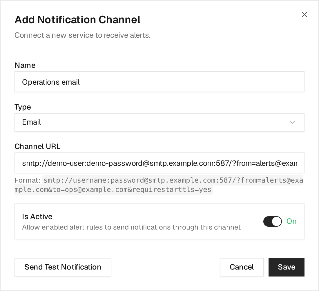 Citadel notification channel dialog with Email selected and an example SMTP URL