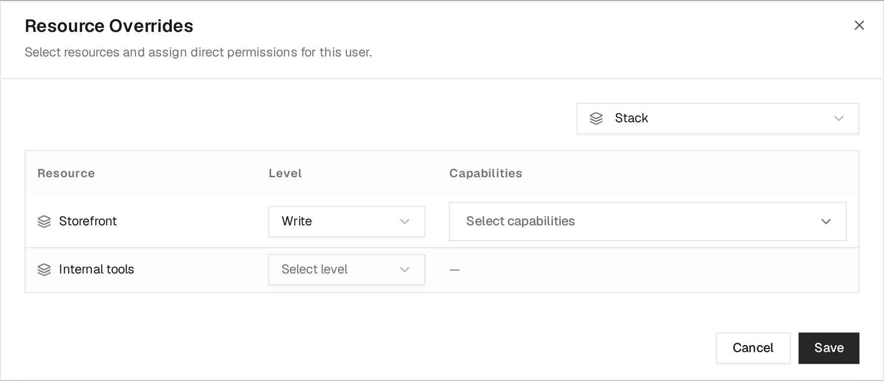Resource Overrides dialog granting Write access to the Storefront Stack while leaving Internal tools without a direct grant