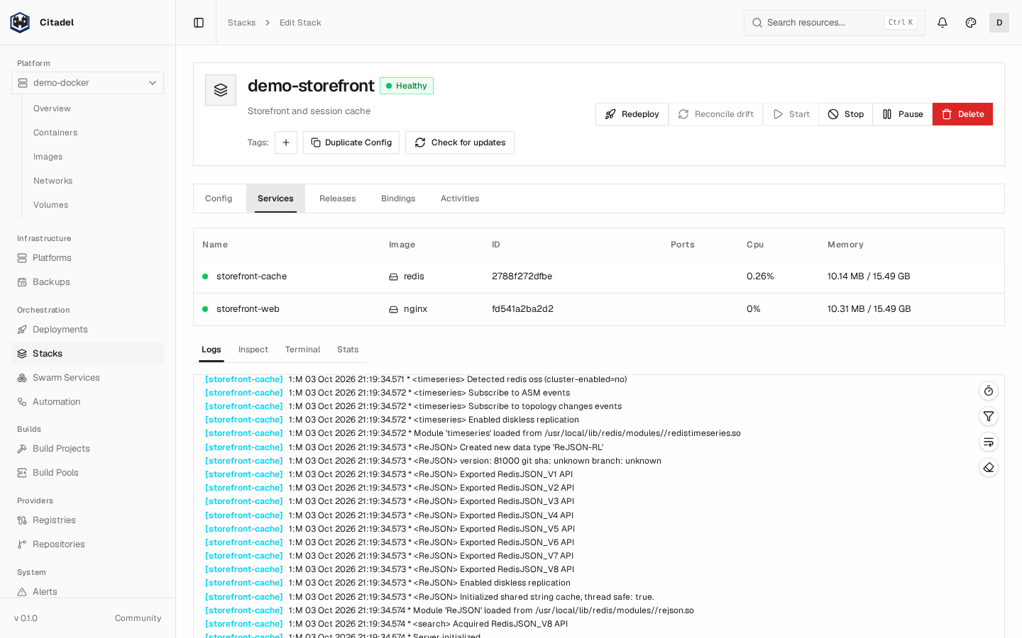 Example deployed Stack with running services and their logs